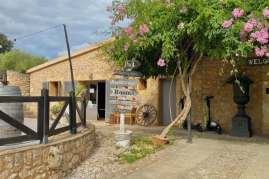 Traditional finca in Mallorca with stone facade and flowering tree near entrance.