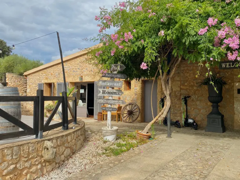 Traditional finca in Mallorca with stone facade and flowering tree near entrance.