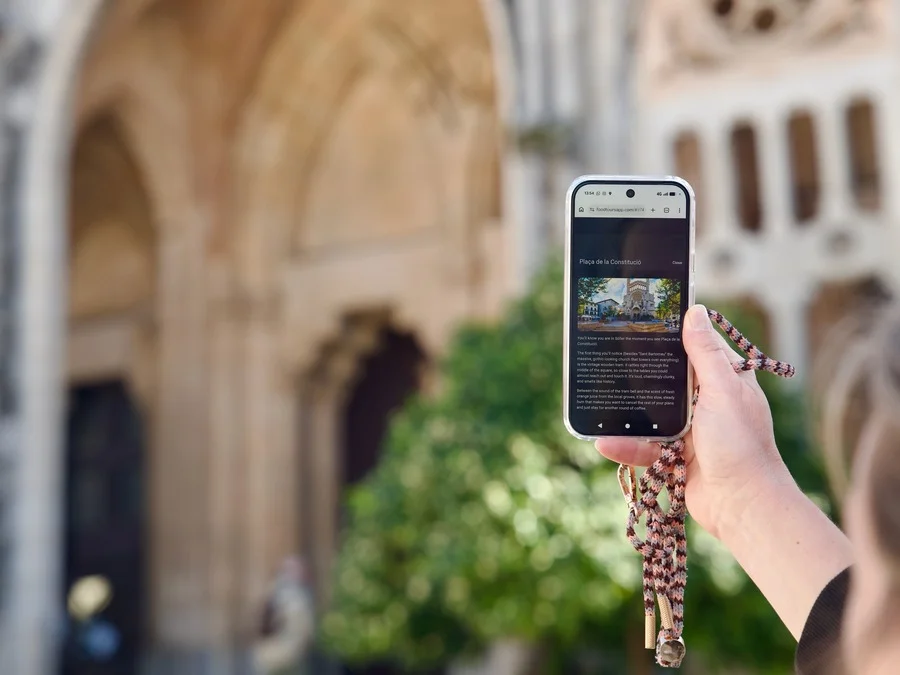 Self-guided food tour in Pollença, Mallorca using the Food Tours Balearics app near Plaça Major.